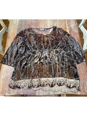 Cato Brown Floral Velvet Top Plus Size 26 28 W